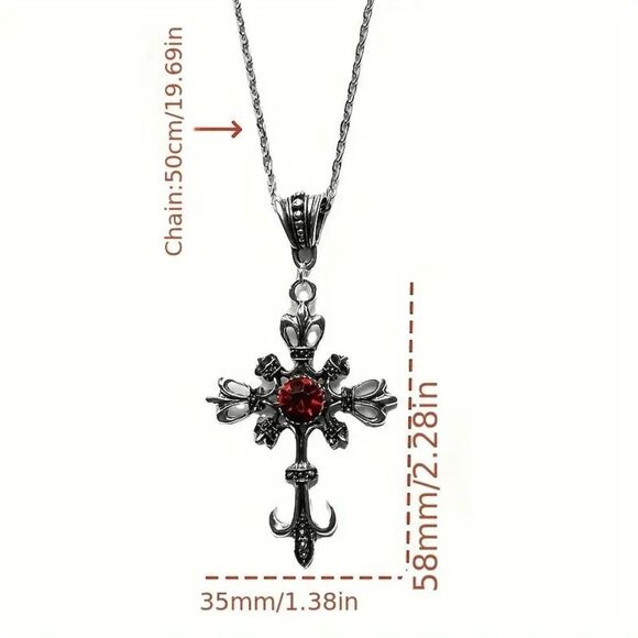 Stainless Steel Ruby Cross Unisex Pendant Necklace - Picture 8 of 8